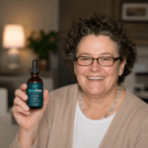 Happy older woman describing her experience with the supplement routine