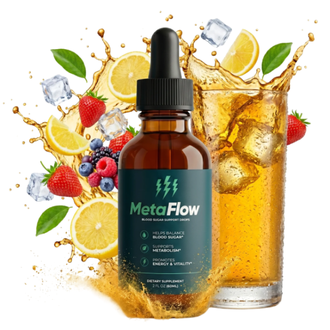 MetaFlow blood sugar support drops bottle on clean white background